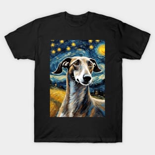 Greyhound Dog Breed Painting in a Van Gogh Starry Night Art Style T-Shirt